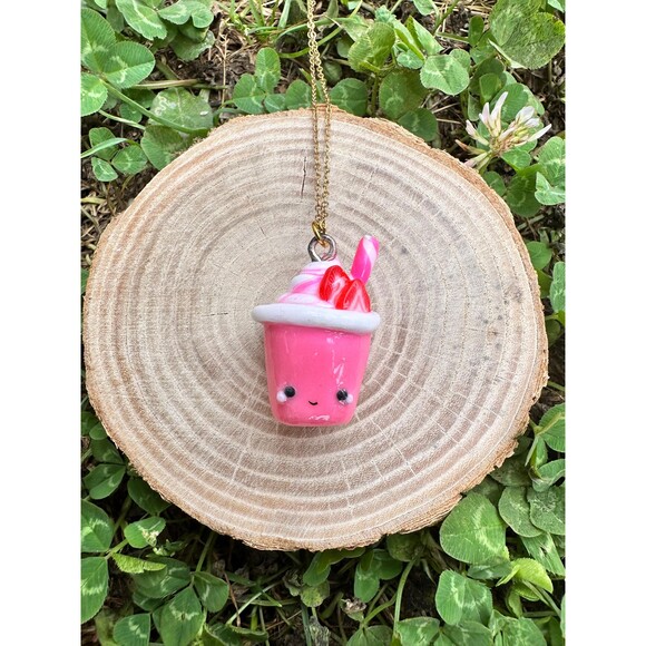 Kawaii Strawberry Yogurt Charm Necklace Handmade Polymer Clay Charm - Picture 3 of 3